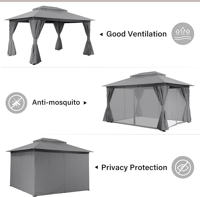 10'x13' Outdoor Gazebo with 50FT String Lights, Metal Heavy Duty Patio Canopy - Image 3