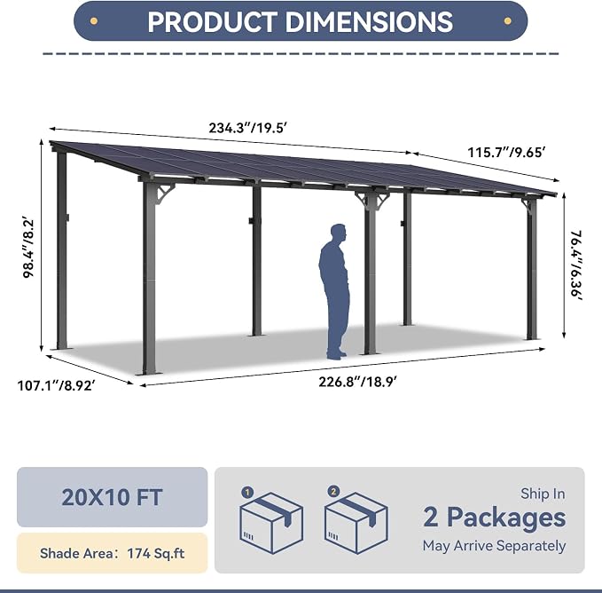 10' x 20' Lean to Gazebo Pergola, Hardtop Gazebo Metal Large Galvanized Steel - Image 2