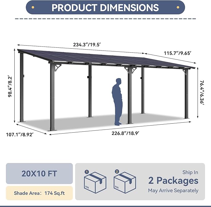 10x20FT Lean to Gazebo Pergola Patio Outdoor Pergolas Gazebos | Wall Mount - Image 2
