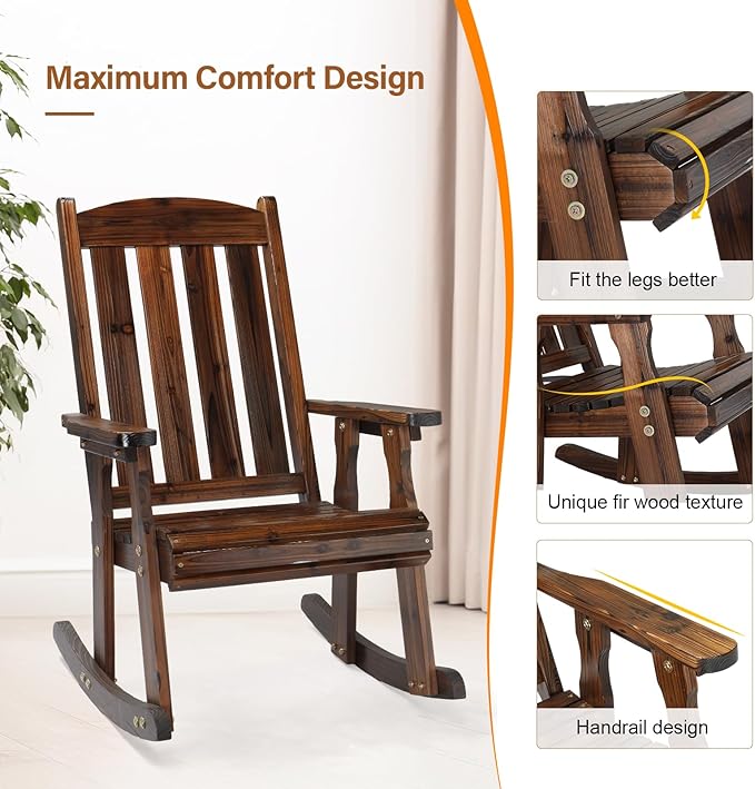VINGLI Outdoor Rocking Chair, Heavy Duty 600 LBS Wooden Rocker, Rustic | High & - Image 6