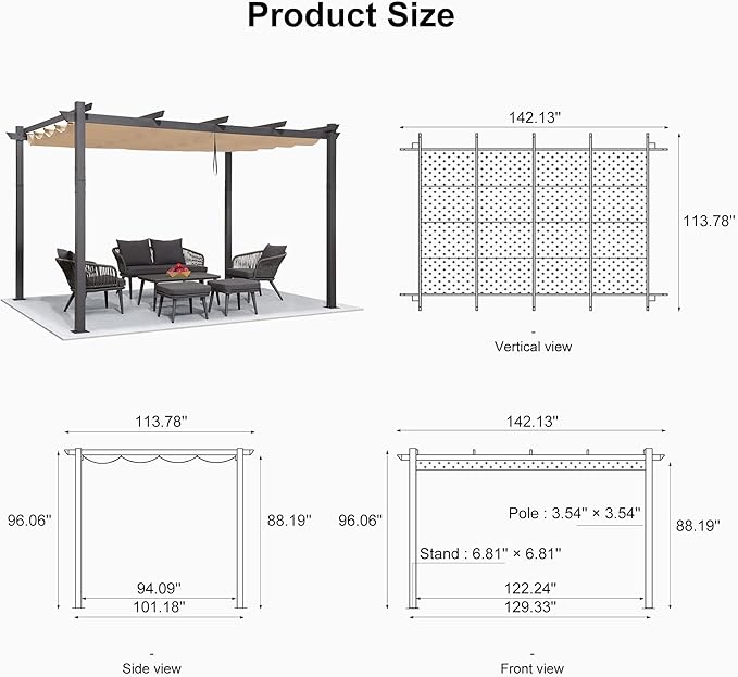 PURPLE LEAF Outdoor Retractable Pergola 10' X 12' Canopy Aluminum, Custom Shade - Image 5