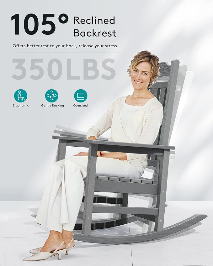 SERWALL Outdoor Rocking Chair, HDPE Rocking Chair Outdoor, Unique Gray - Image 3
