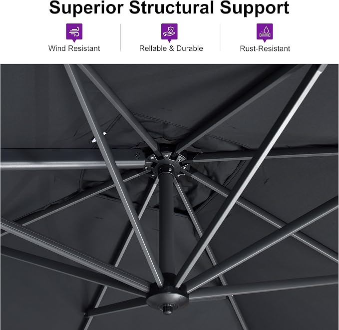 PURPLE LEAF Cantilever Umbrella 10 Feet Round Smooth 360° Rotation Grey | - Image 3