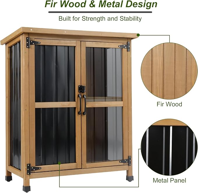Ketive Small Outdoor Storage Cabinet Wood & Metal, Small Garden Tool Storage - Image 4