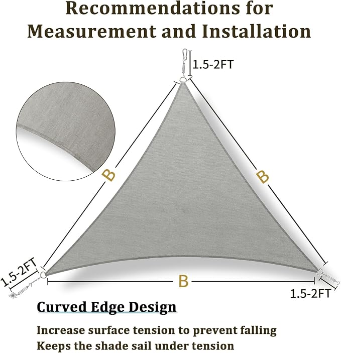 Shade&Beyond Triangle Sun Shade Sail 24'X24'X24' Permeable Canopy Light Grey - Image 5