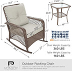 Patio Furniture Set 3 Pieces, Wicker Outdoor Rocking Bistro Set, Pale White | - Image 6