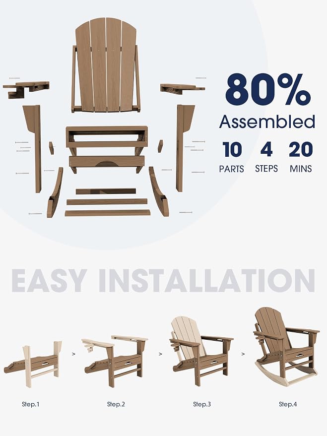 Adirondack Rocking Chair with Ottoman and Cup Holders | HDPE Porch Rocker - Image 6