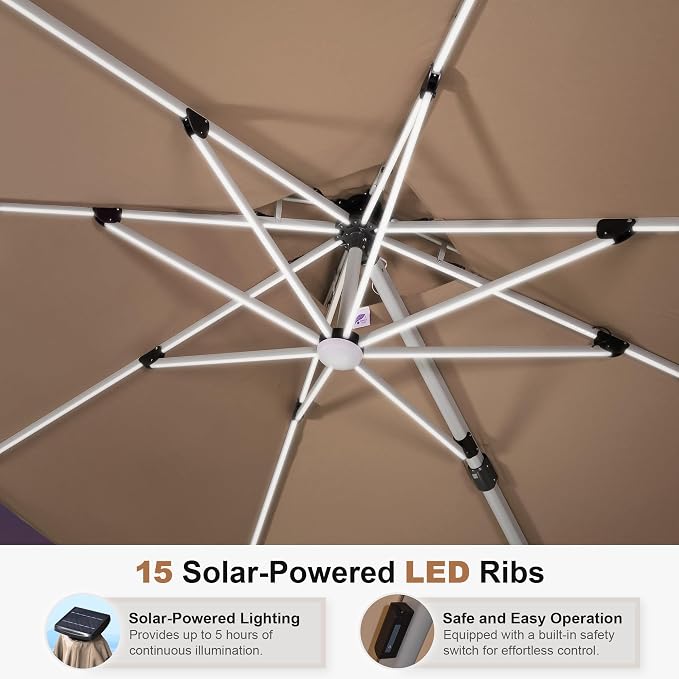 PURPLE LEAF Cantilever Umbrella 13ft Solar LED Light Double Top, Support to - Image 3