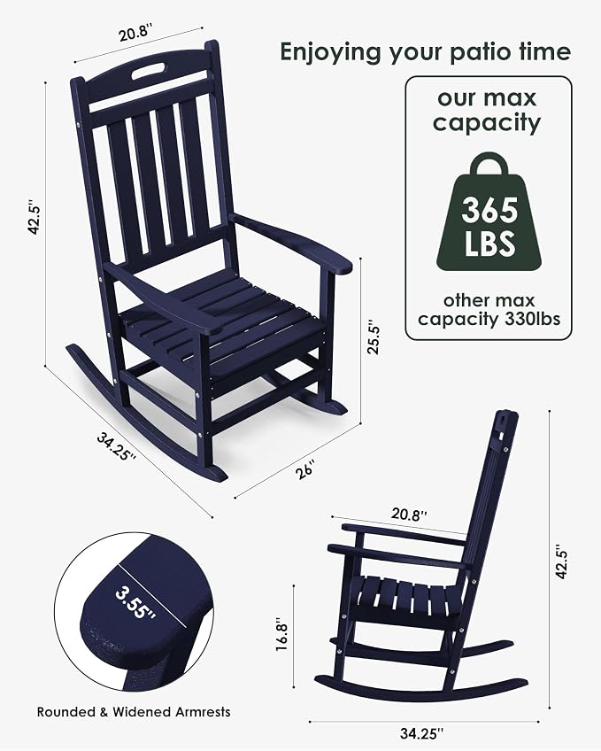 Outdoor Rocking Chair Set of 2, All-Weather Resistant Poly Lumber Rocker Chair - Image 2