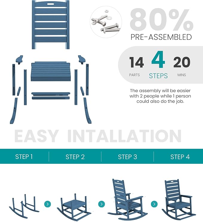 SERWALL Outdoor Rocking Chair Set of 4, Oversized HDPE Rocker, all Weather - Image 8