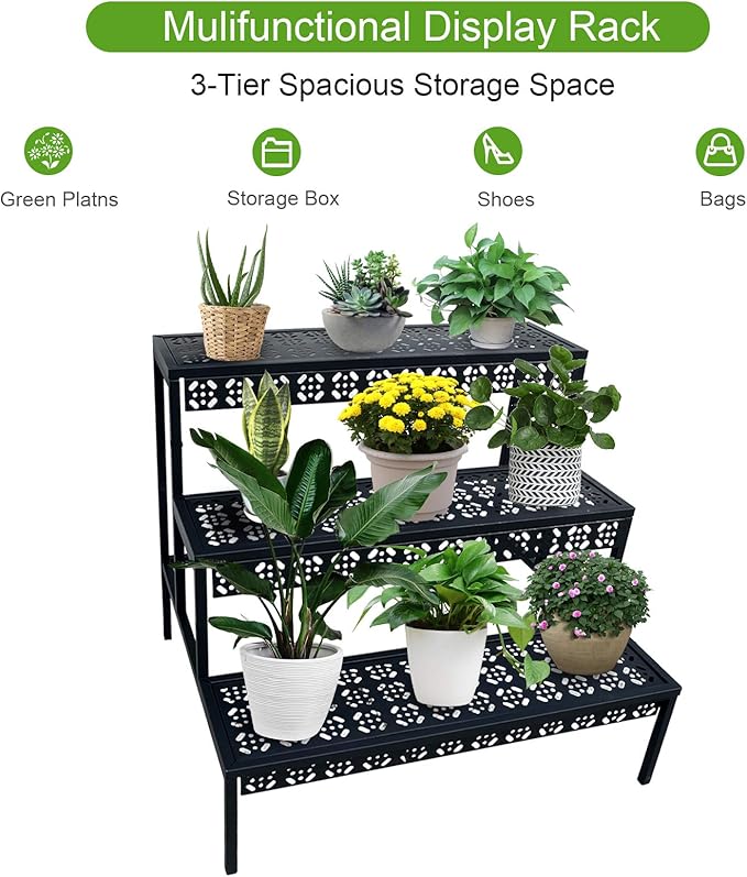 aboxoo 3-Tier Stair Style Metal Plant Stand, Large Indoor Outdoor Shelf | Holds - Image 8