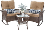 Patio Furniture Set 3 Pieces, Wicker Outdoor Rocking Bistro Set, Khaki | VONZOY by VonzoyHome