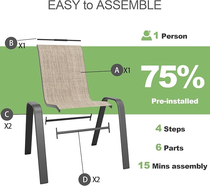 Outdoor Patio Chairs Set of 6 Stackable Dining Chairs All-Weather Textilene - Image 8