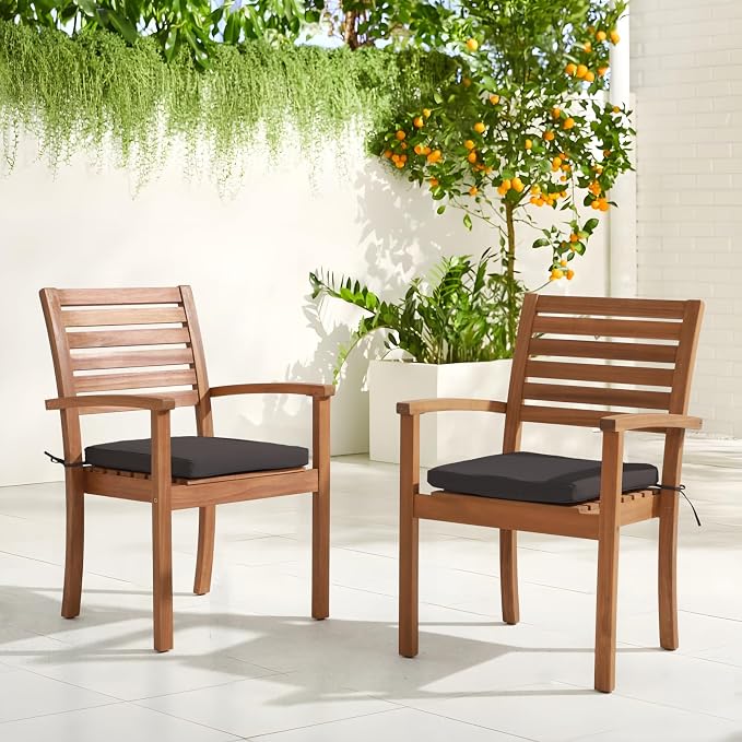 Stackable Patio Dining Chairs Set of 2, Dark Grey | Outdoor Acacia Wood Chairs - Image 2