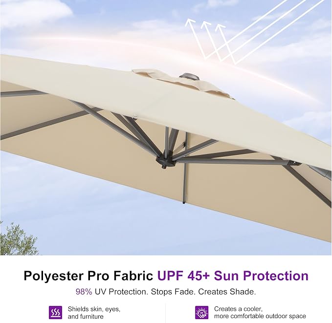 PURPLE LEAF Patio Outdoor Umbrella 9' x 9' Square All-Weather Beige | Large - Image 4
