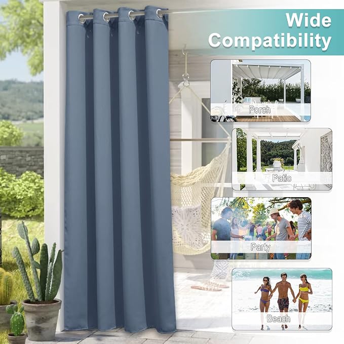 NICETOWN 2 Panels Stone Blue Patio Outdoor Curtains Waterproof, Thermal - Image 6