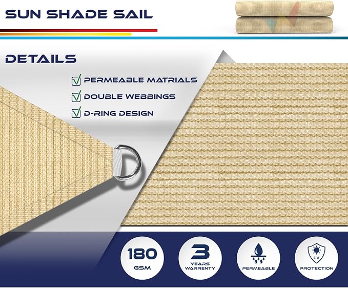 WINDSCREEN4LESS 13' x 13' x 13' Sun Shade Sail UV Block Fabric Canopy in Sand - Image 3