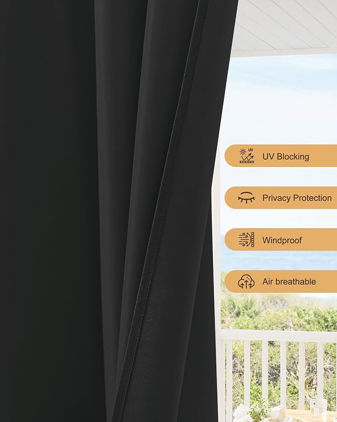 Outdoor Curtains for Patio Waterproof Rod Pocket 6 Pcs 54x120 Inch Black | - Image 4