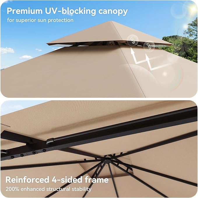 10'x10' Gazebo with Light, Outdoor Gazebo with Double Roofs | Metal Frame Canopy - Image 7