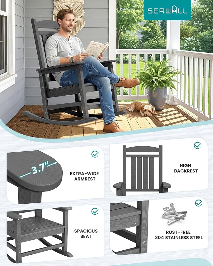 SERWALL Rocking Chair Outdoor, Oversized HDPE Patio Rocking Chairs, Yard | - Image 5