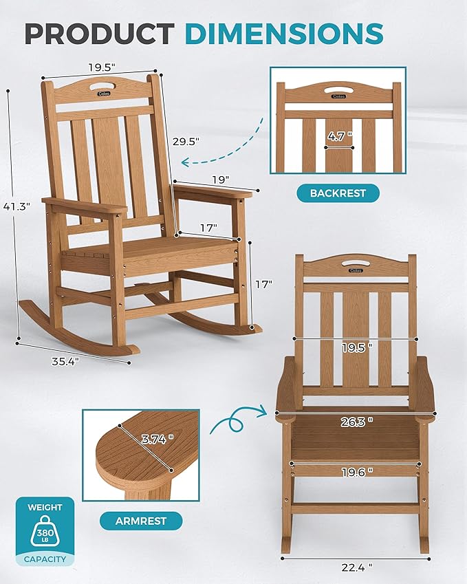 Oversized Outdoor Rocking Chairs Set of 3, 380lbs Heavy-Duty Large Patio Rocker - Image 3