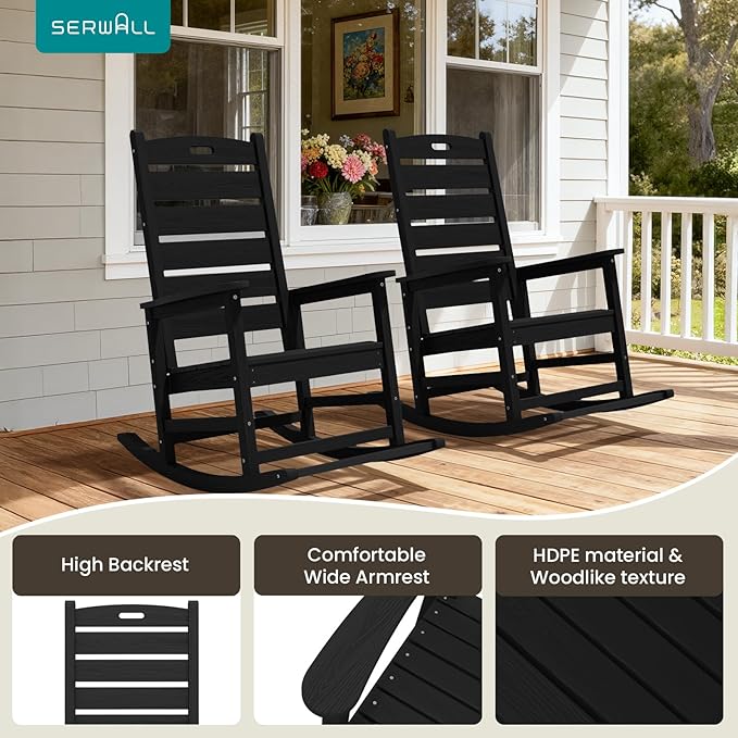 SERWALL Outdoor Rocking Chair Set of 2, Oversized HDPE Rocker, all Weather - Image 6