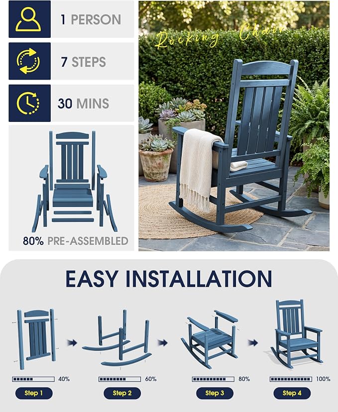 Oversized Outdoor Rocking Chairs Set of 4, Porch Rocker Unique Blue | - Image 8