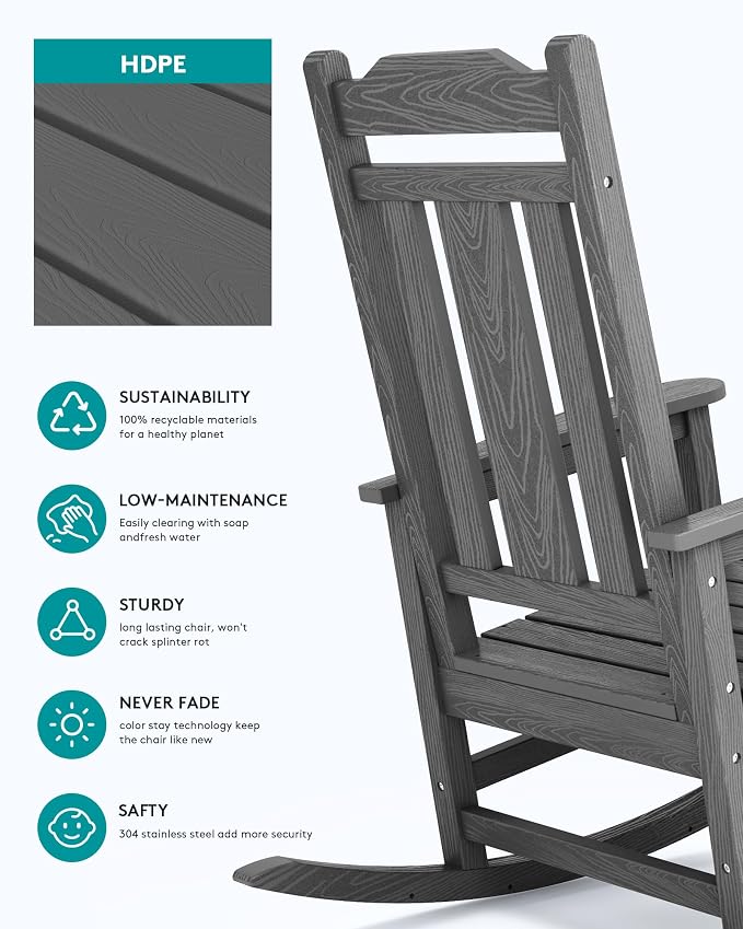 SERWALL HDPE Oversized Outdoor Rocking Chairs Set of 6, Patio Rocker, All - Image 6