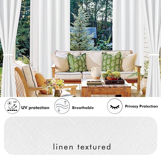 Linen Outdoor Curtains for Patio Waterproof 4 Pcs 54x95 In White | Light - Image 3