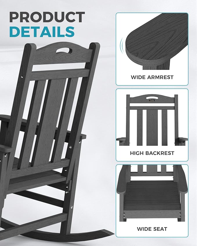 Oversized Outdoor Rocking Chair, 380lbs Heavy-Duty Large Patio Rocker, High - Image 6