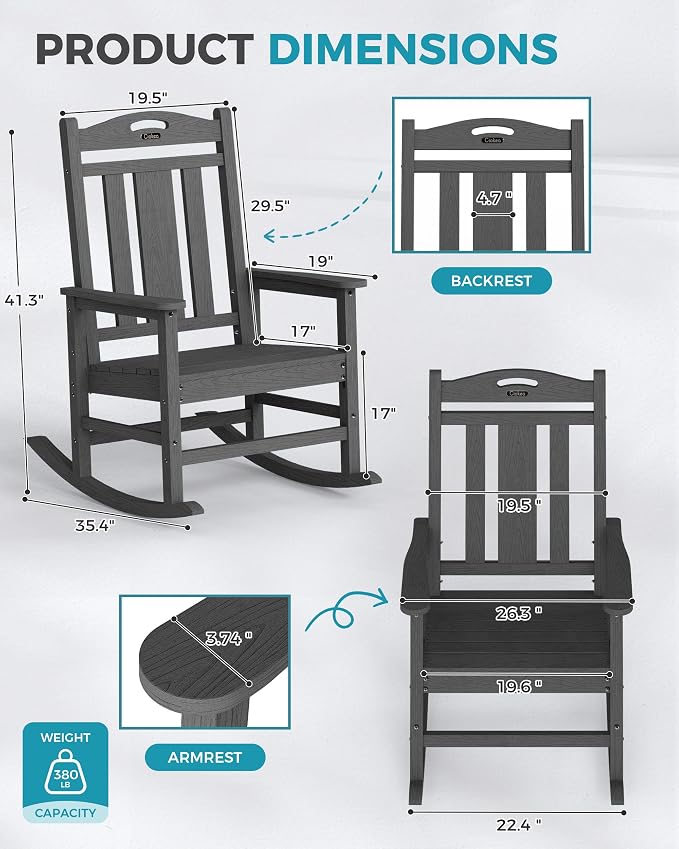 Oversized Outdoor Rocking Chair, 380lbs Heavy-Duty Large Patio Rocker, High - Image 3