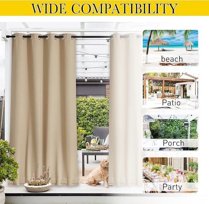 NICETOWN Outdoor Curtains for Patio Waterproof W84xL84 Biscotti Beige | Gazebo - Image 8