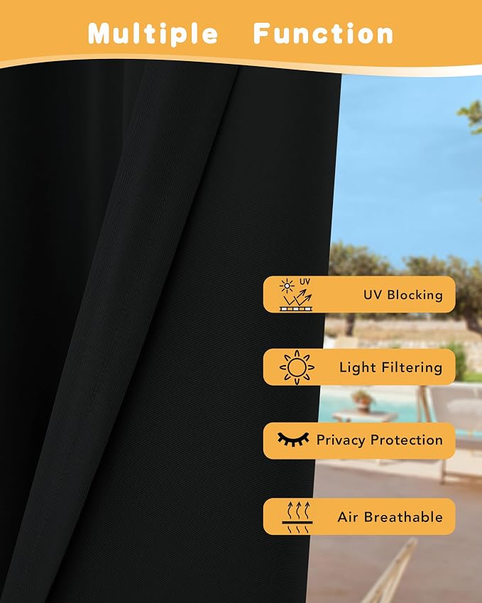HolidayIdeas Outdoor Curtains for Patio Waterproof 4 Pcs 54x95 Inch Black | - Image 3