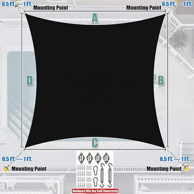 Amgo Custom Size 12' x 16' Black Rectangle Square Sun Shade Sail UPF50+ - Image 7