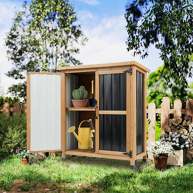 Ketive Outdoor Storage Cabinet, Wood & Metal Small Garden Tool Storage Cabinet - Image 9