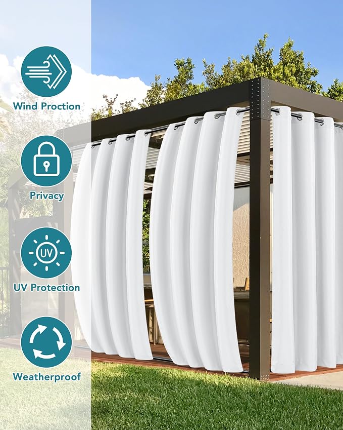 Windproof Outdoor Curtains for Patio Waterproof 4 Pcs 54x84 In White | Grommet - Image 3