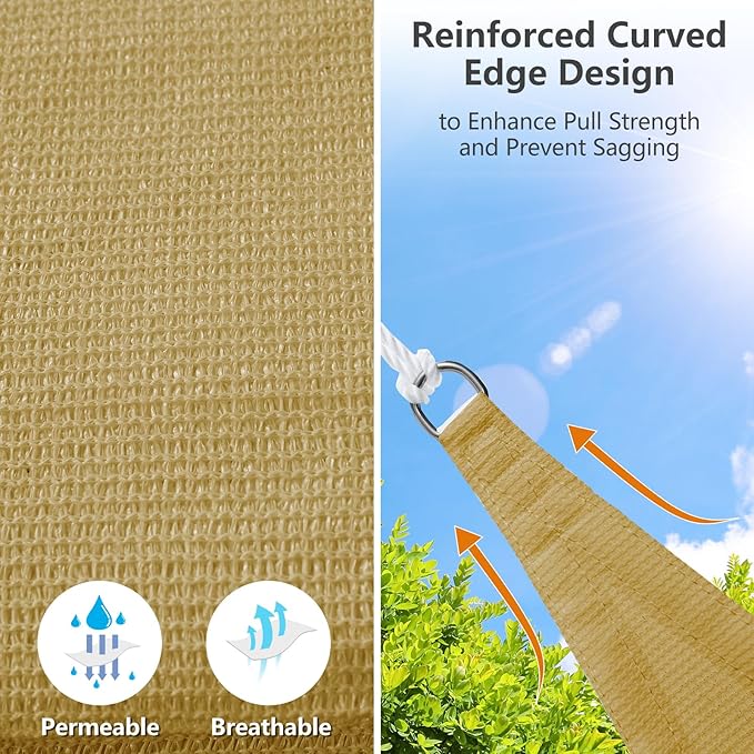 10' x 10' x 14' Triangle Sun Shade Sail, 185 GSM HDPE, Sand | 95% UV block - Image 3