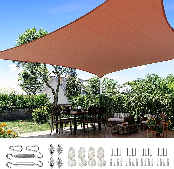 Quictent Sun Shade Sail for Patio w/Hardware Kit 185GSM 24x24ft Terracotta | by QUICTENT
