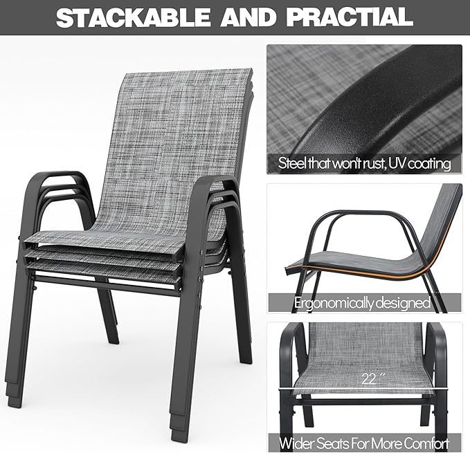 Black Patio Chairs Set of 6, Stackable Outdoor Dining Chairs - Image 6