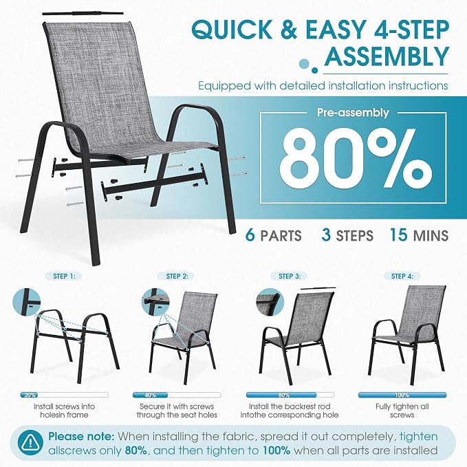 24.4" Wide Outdoor Stackable Chairs Set of 6 | Stacking Patio Chairs - Image 7