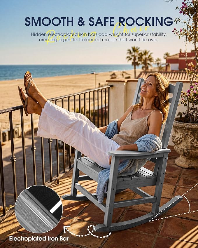Oversized Outdoor Rocking Chair Set of 6, Porch Rockers, Light Gray | - Image 9