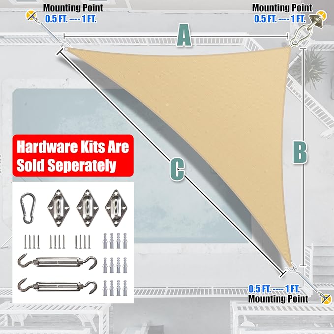 Amgo Custom Size 10' x 14' x 17.2' Beige Right Triangle Sun Shade Sail UPF50+ - Image 6