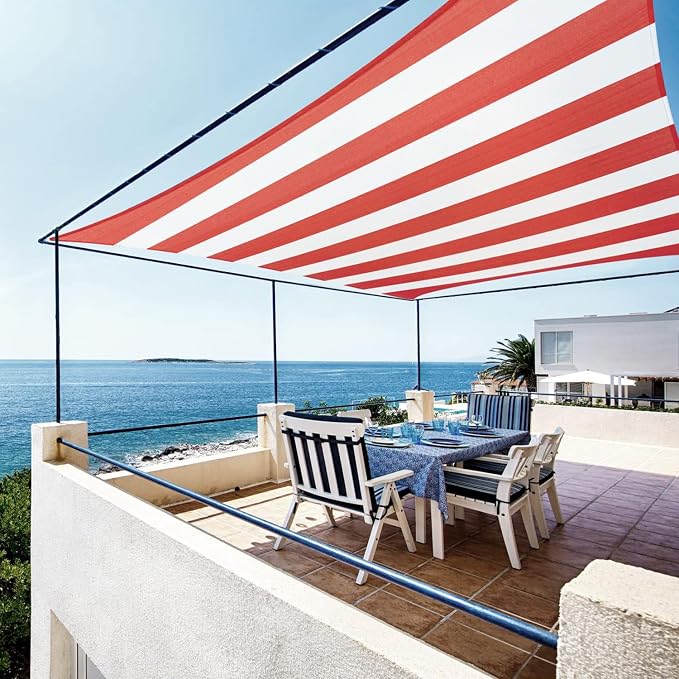 ColourTree TAPR1220 Custom Size 7' x 12' Red & White Stripes Sun Shade Sail by ColourTree