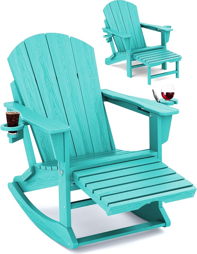 Adirondack Rocking Chair with Ottoman and Cup Holders | HDPE Porch Rocker by KINGYES