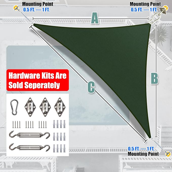 Amgo Custom Size 11' x 21' x 23.7' Green Right Triangle Sun Shade Sail UPF50+ - Image 6