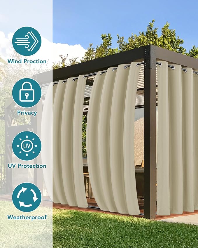 Windproof Outdoor Curtains for Patio Waterproof 4 Pcs 54x84 In Cream | Grommet - Image 3
