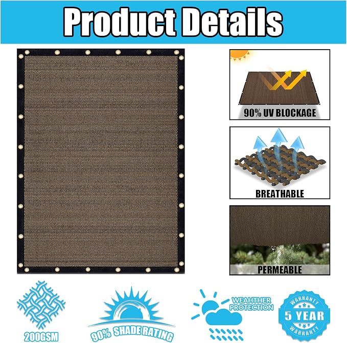 Amagenix 90% Shade Fabric 19'X 19' Mocha Sun Shade Cloth - Image 3