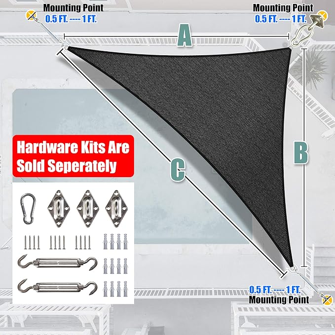 Amgo Custom Size 12' x 19' x 22.5' Black Right Triangle Sun Shade Sail UPF50+ - Image 6