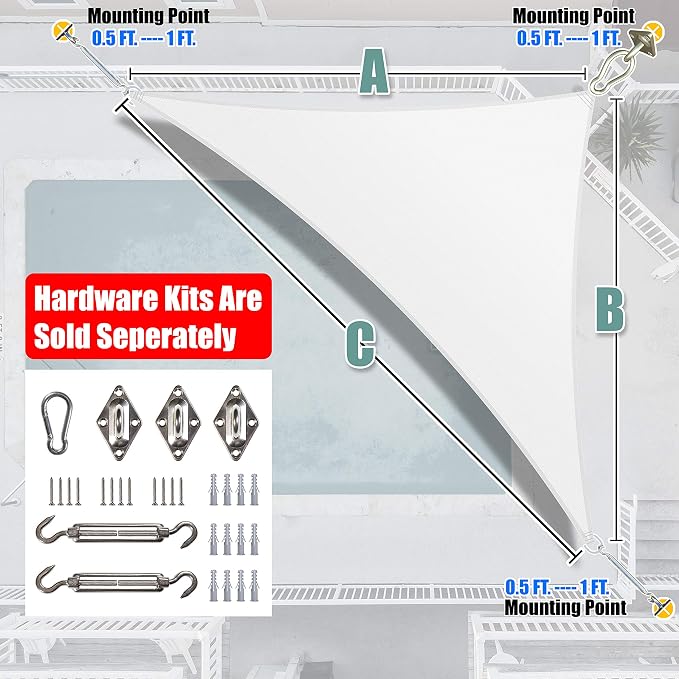 Amgo Custom Size 13' x 22' x 25.6' White Right Triangle Sun Shade Sail UPF50+ - Image 6