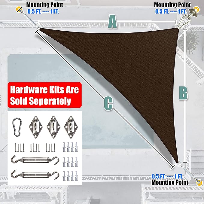 Amgo Custom Size 10' x 15' x 18' Brown Right Triangle Sun Shade Sail UPF50+ - Image 6